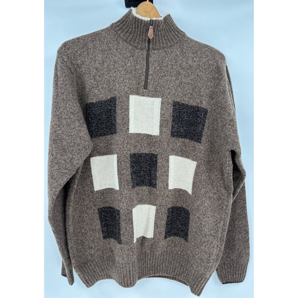 Vintage Mens Large Iceland Brown Wool Blend Sweater Block Pattern Made In Italy